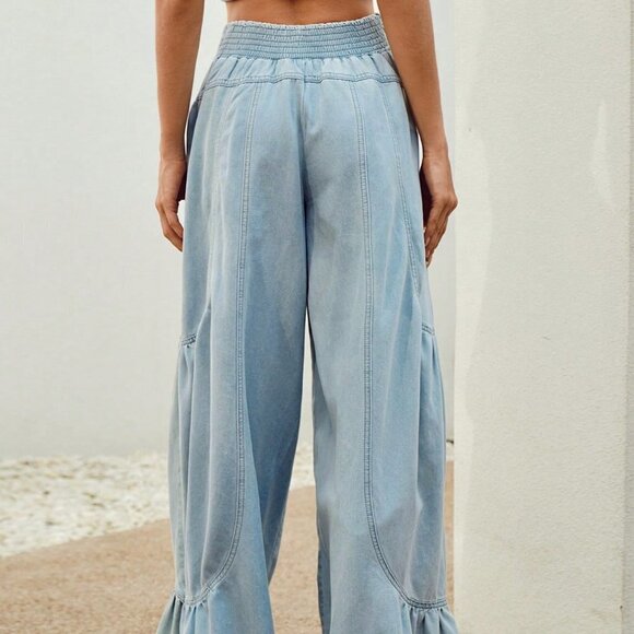 Blue Casual Womens High Waist Ruffle Hem Wide Leg Jeans - Picture 2 of 5